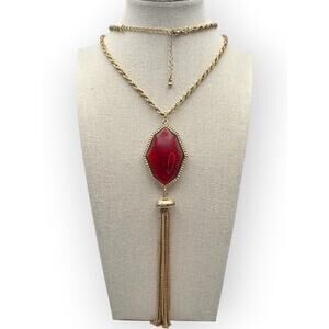 Red Glass Reversible Pendant Necklace Gold Chain Tassel Dark Romance Baroque